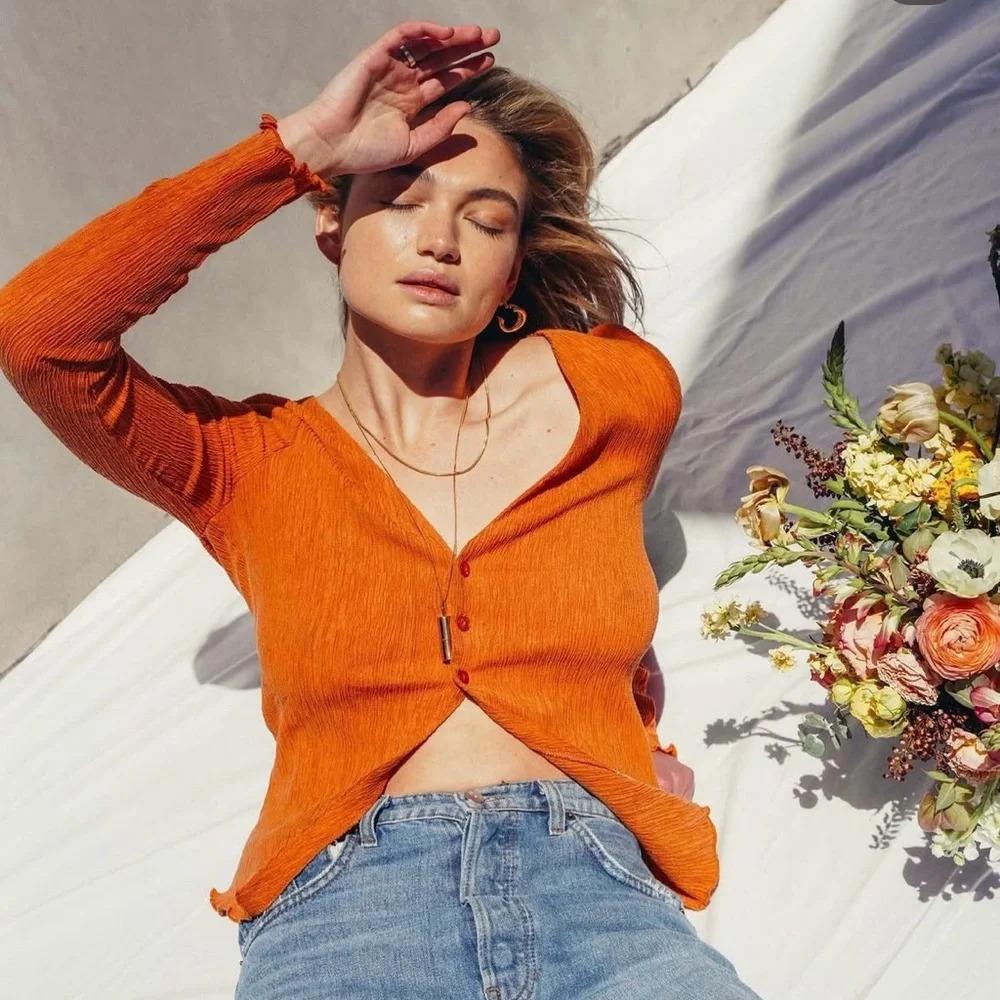 Camila Coelho Tais Long Sleeve Crinkle Top Orange Small